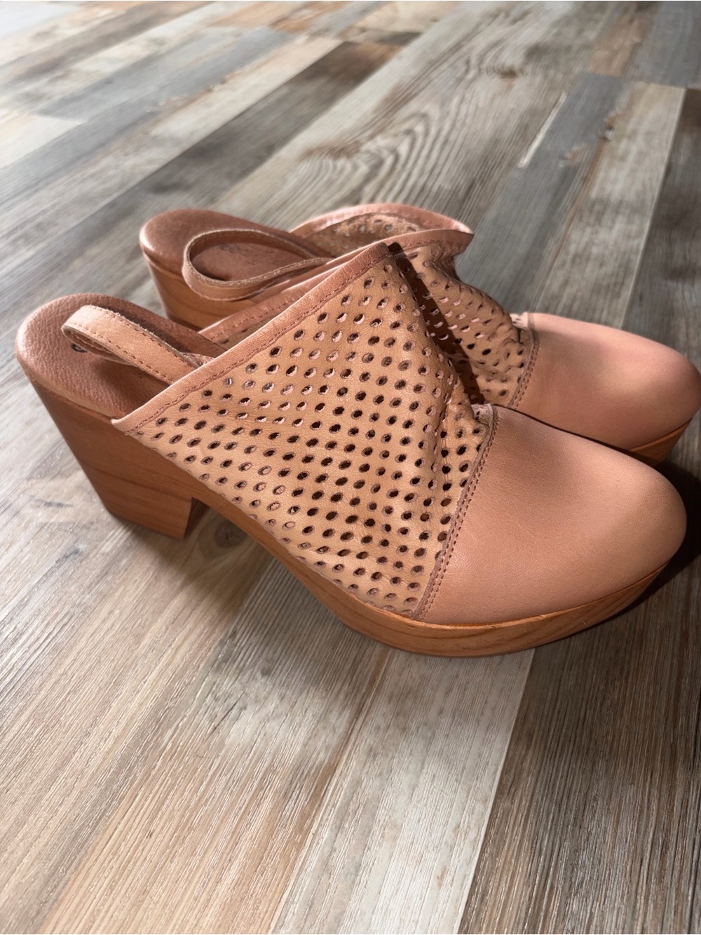 Free People Perforated Blush Tan Leather Mule Heels